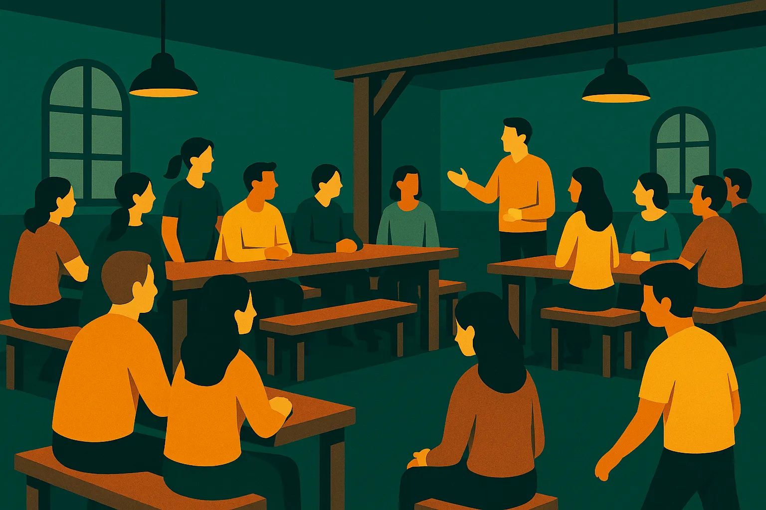 Eine Versammlung von Menschen, die über Gott reden